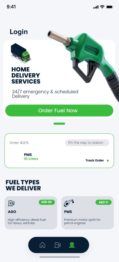 Go N' Fill app home screen with an Order Fuel Now button, a live order card and the fuel types on offer