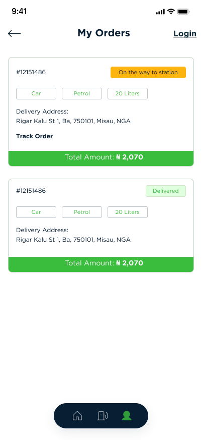 My Orders screen listing past and active deliveries with status, litres and total amount